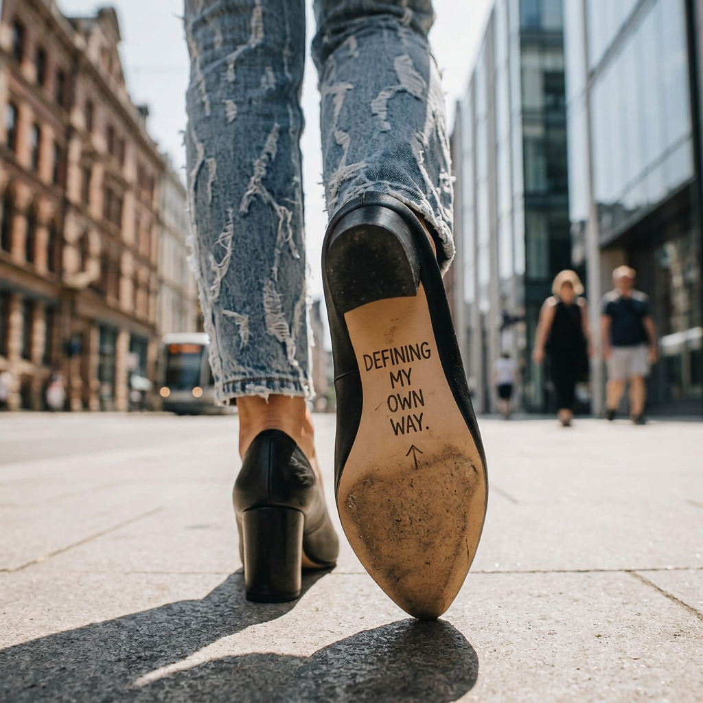 Low-angle view of a black leather heel mid-step showing 'Defining my own way' written on the sole on a city street