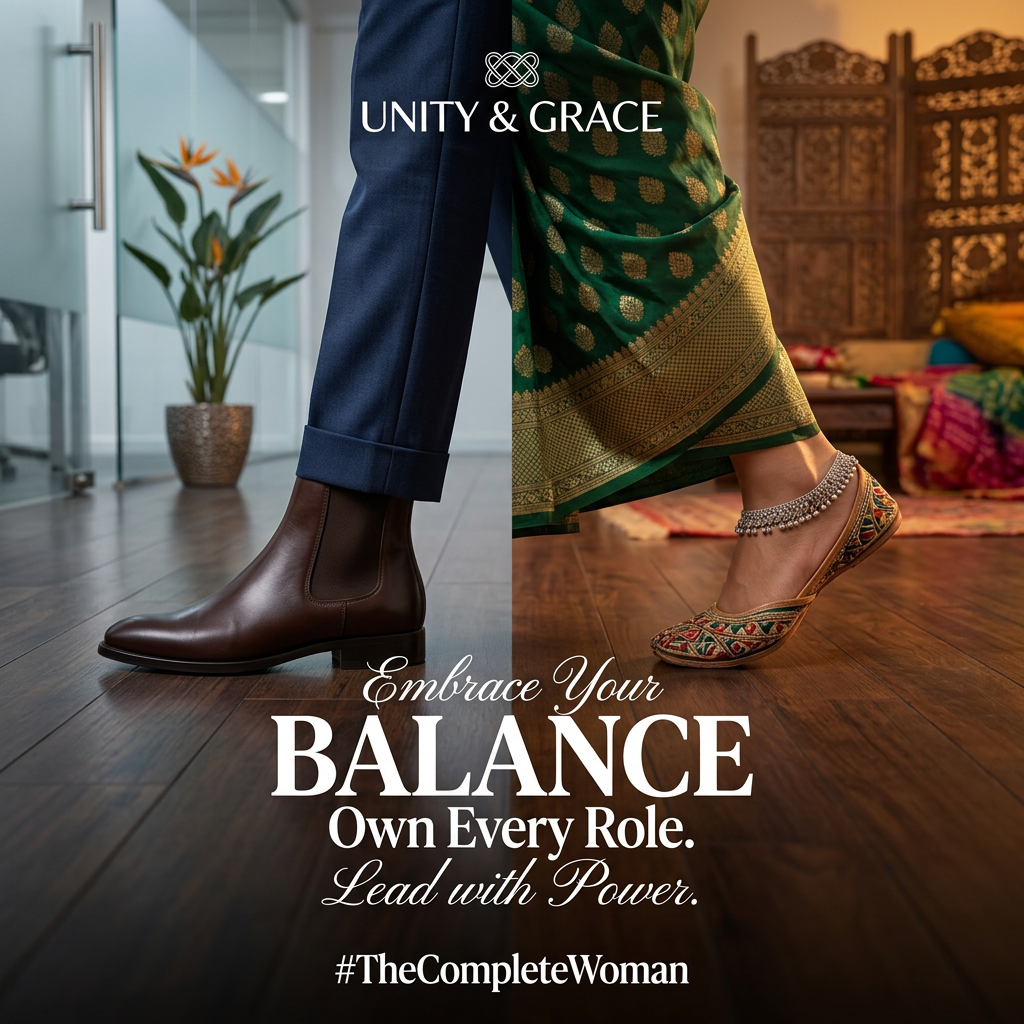 Split image of a leather Chelsea boot with navy trousers in an office and an embroidered jutti with a green saree