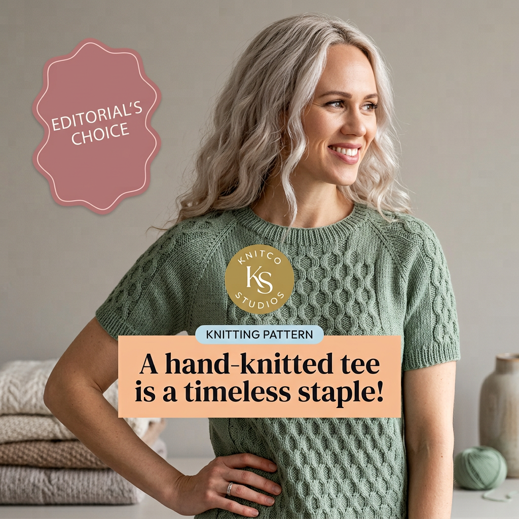 Smiling woman in a sage-green cabled short-sleeve knitted tee with an Editorial's Choice badge and pattern label