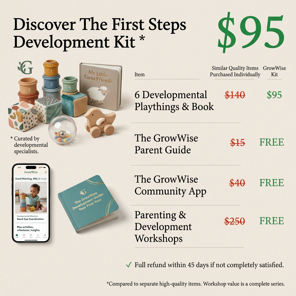 Value-stack ad for a $95 baby development kit with toys, book, app and guide, priced against $445 bought separately