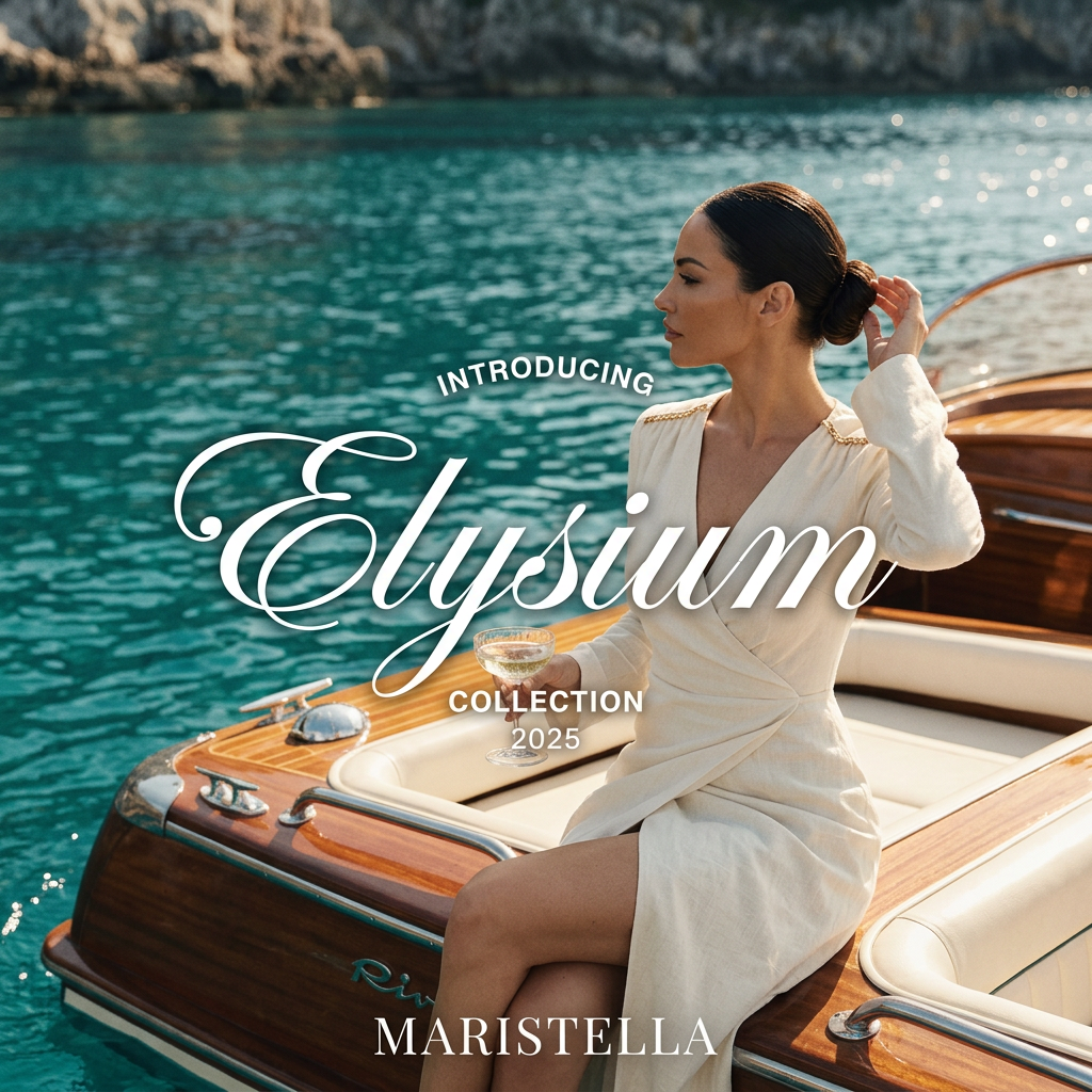 Woman in a cream linen wrap dress sitting on a wooden speedboat on turquoise water, with Elysium collection script text