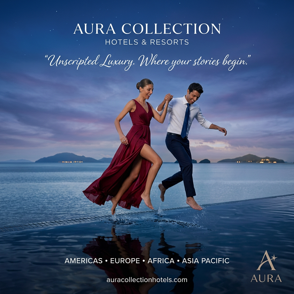 Couple in evening wear running barefoot along an infinity pool edge at dusk, with lit islands in the distance