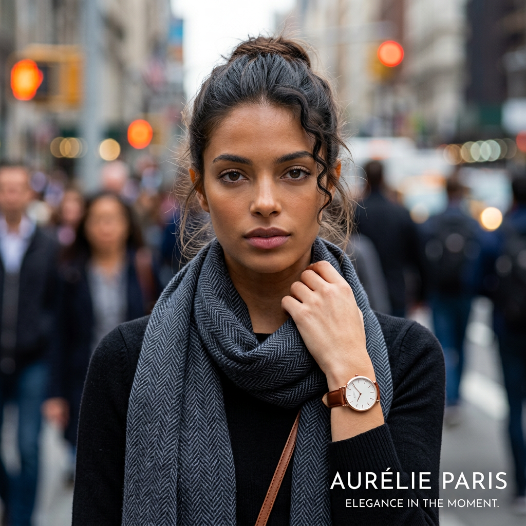 Woman in a grey herringbone scarf on a busy city street, hand at her collar showing a rose-gold leather-strap watch