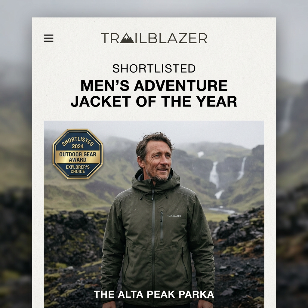 Mobile article mock-up showing a man in a green waterproof parka in a misty valley with waterfalls and a gold award badge