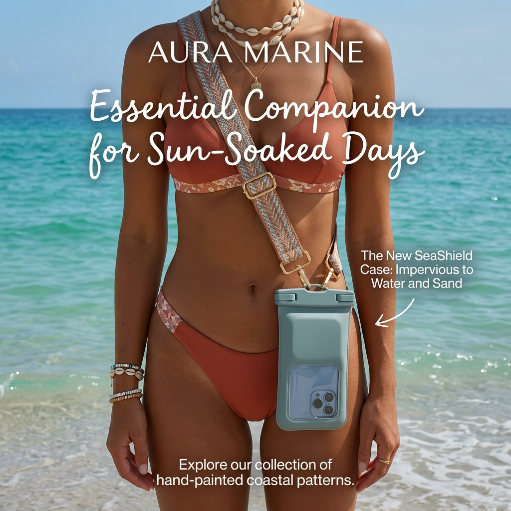 Woman in a terracotta bikini at the shoreline wearing a sage waterproof phone case on a woven crossbody strap