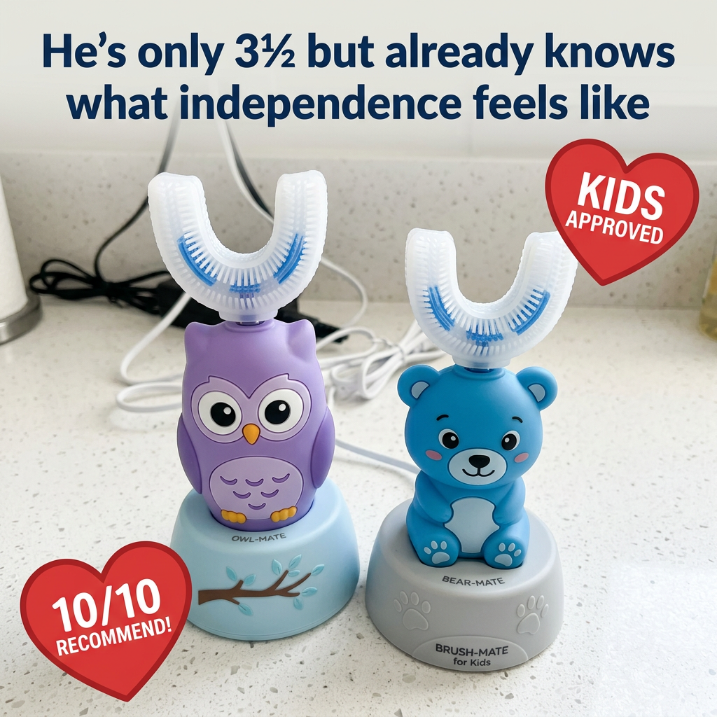 Owl and bear shaped U-shaped kids' electric toothbrushes on a speckled kitchen counter with heart stickers