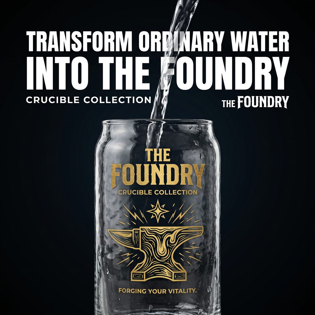 Water pouring into a clear glass with a gold anvil logo reading The Foundry Crucible Collection on a black background