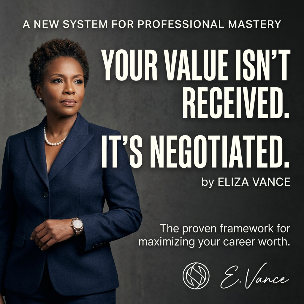 Woman in a navy suit and pearls beside the headline Your Value Isn't Received. It's Negotiated. on a grey background
