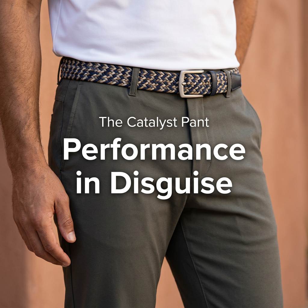 Close-up of a man wearing olive green chino pants, a woven belt and white T-shirt with the text Performance in Disguise