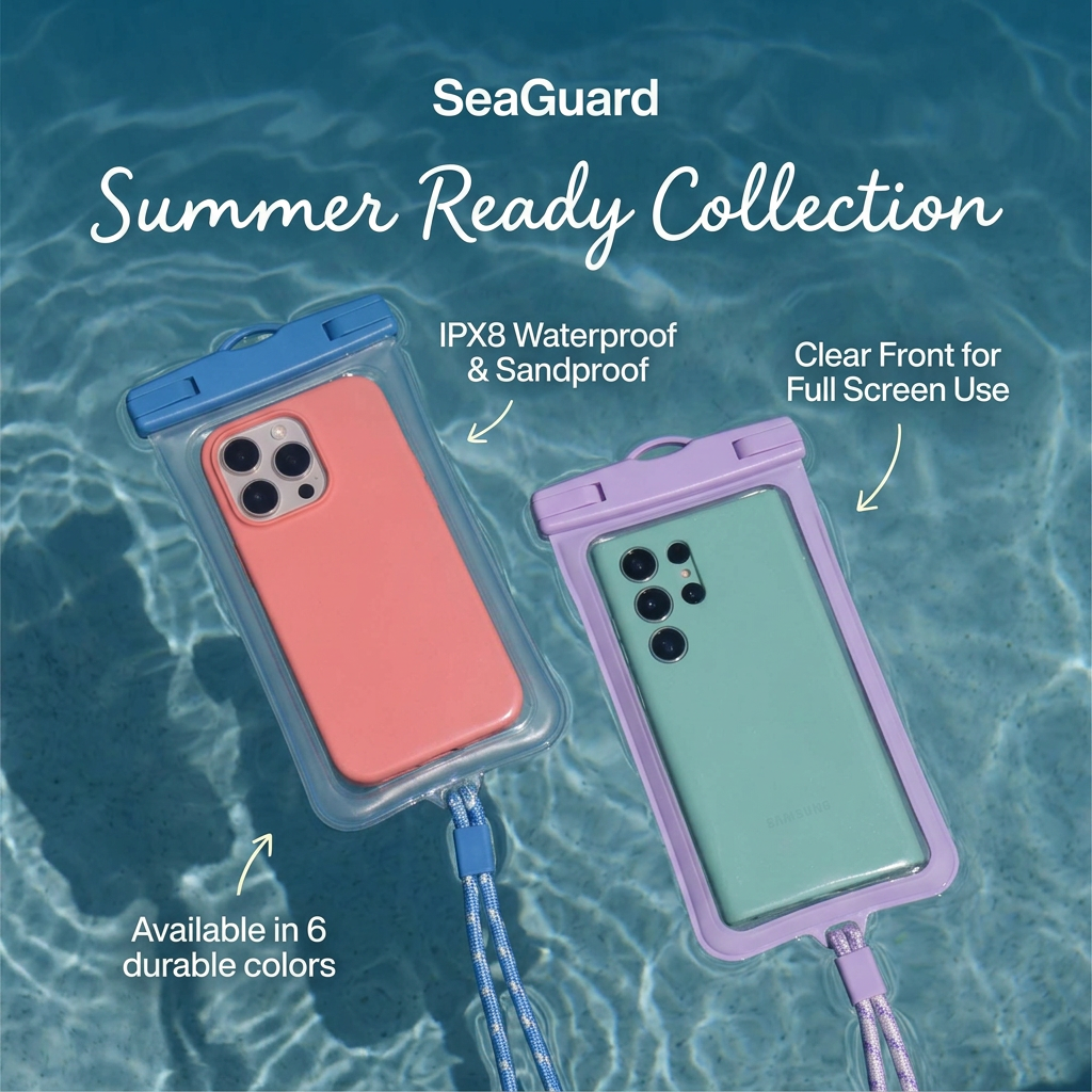 Two smartphones in blue and lilac waterproof pouches floating in a pool with arrows pointing to feature callouts