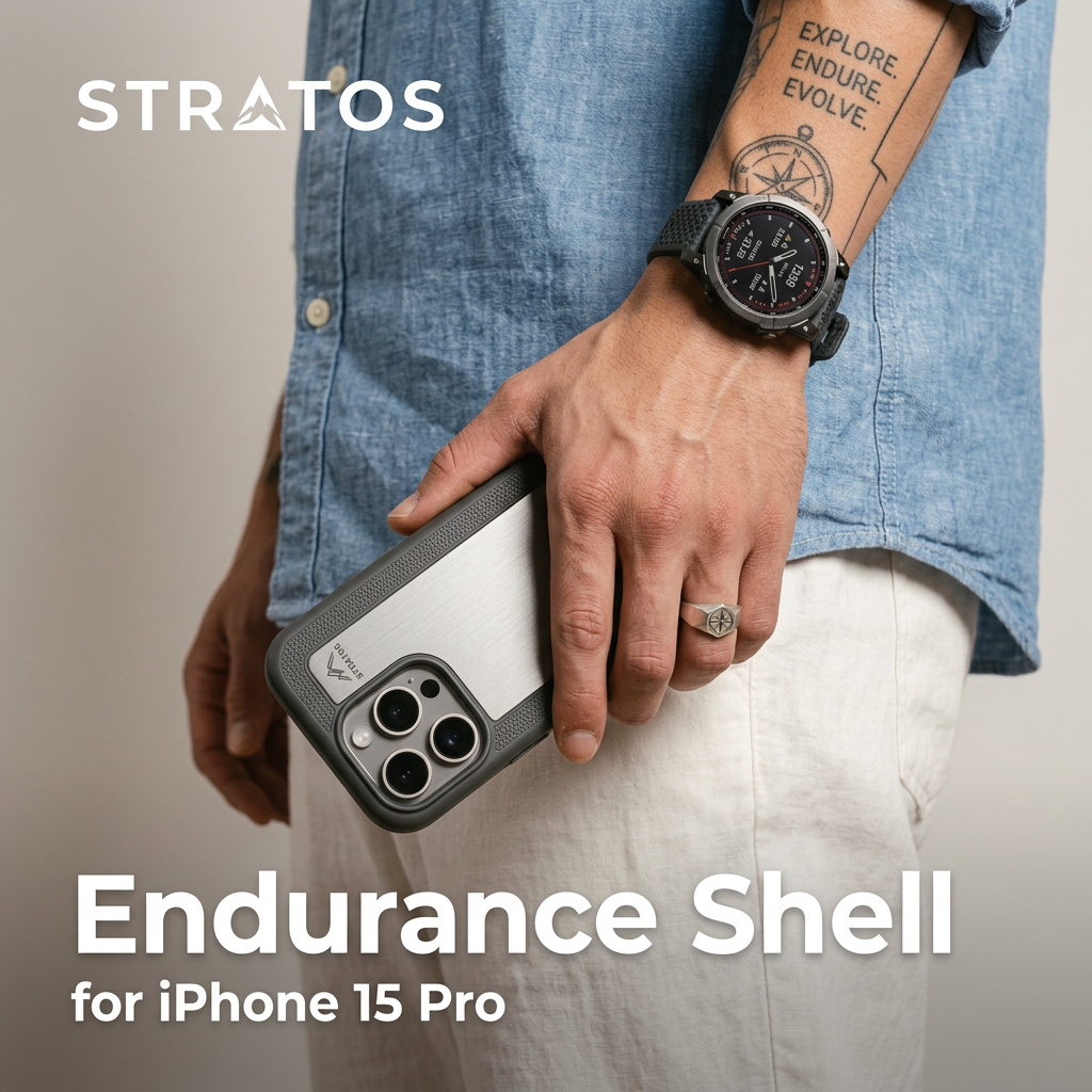 Tattooed hand holding an iPhone in a grey rugged case with a brushed metal back, wearing an outdoor watch and compass ring