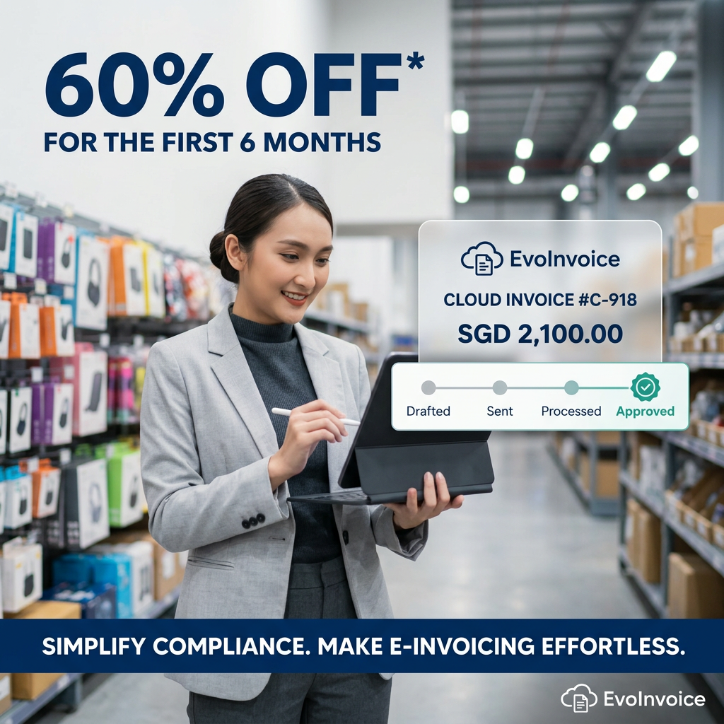 Woman using a tablet in a warehouse with a floating invoice card showing an approved status and a 60% off headline