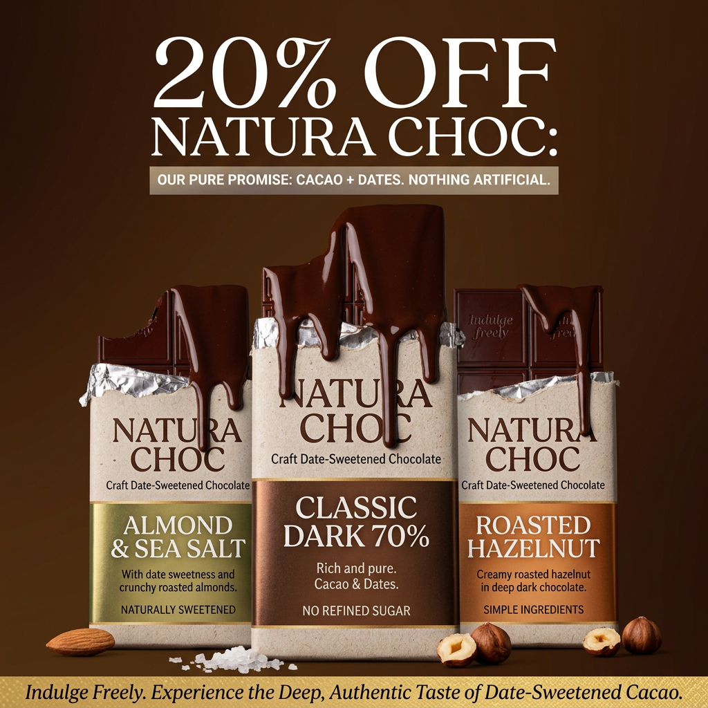 Three Natura Choc chocolate bars with melting chocolate drips, almonds and hazelnuts, under a 20% off headline