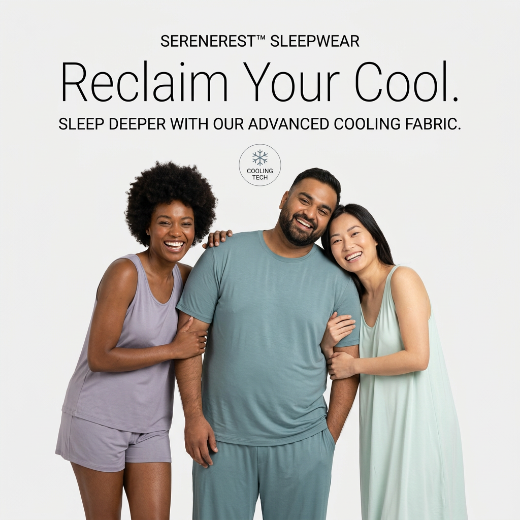 Three smiling people in lilac, sage and mint cooling sleepwear embracing on a white background under Reclaim Your Cool