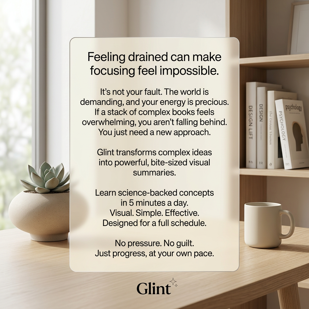 Frosted text card with a message about feeling drained, in front of a bookshelf, succulent and mug, Glint logo below