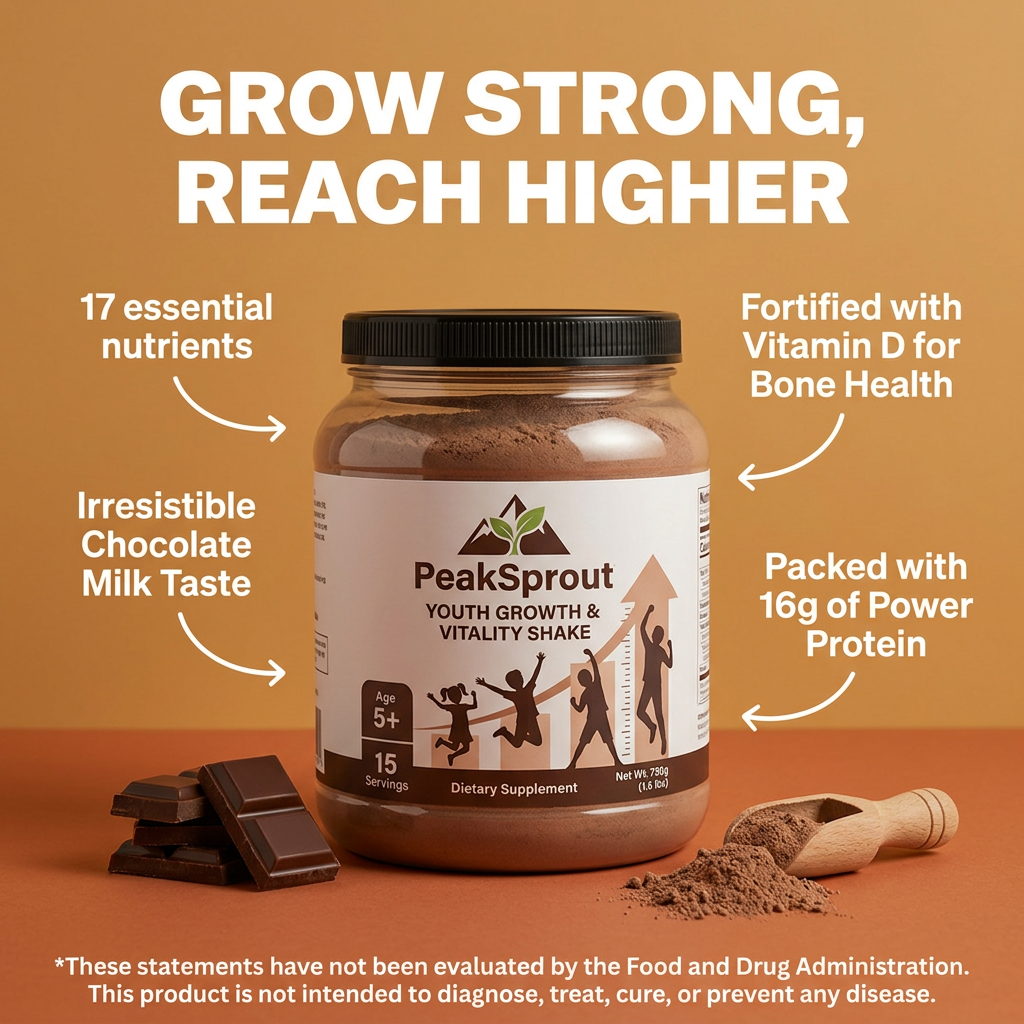 PeakSprout chocolate kids growth shake tub with arrows pointing to protein, vitamin D and nutrient claims on orange