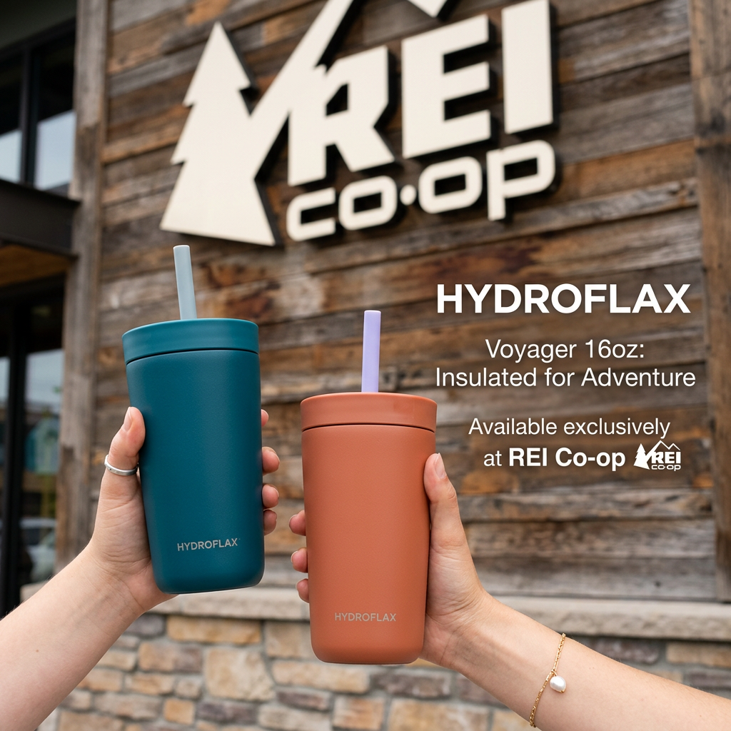 Two hands raising teal and terracotta Hydroflax tumblers with straws in front of a wooden REI Co-op storefront sign