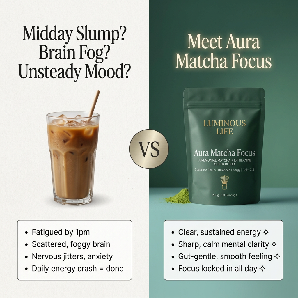Split-screen ad comparing an iced coffee with energy crash bullets to a green Aura Matcha Focus pouch with benefit bullets