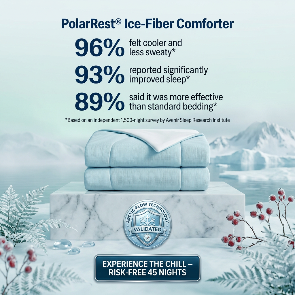 Light blue PolarRest cooling comforter on a marble block in an icy landscape with 96%, 93% and 89% survey stats above