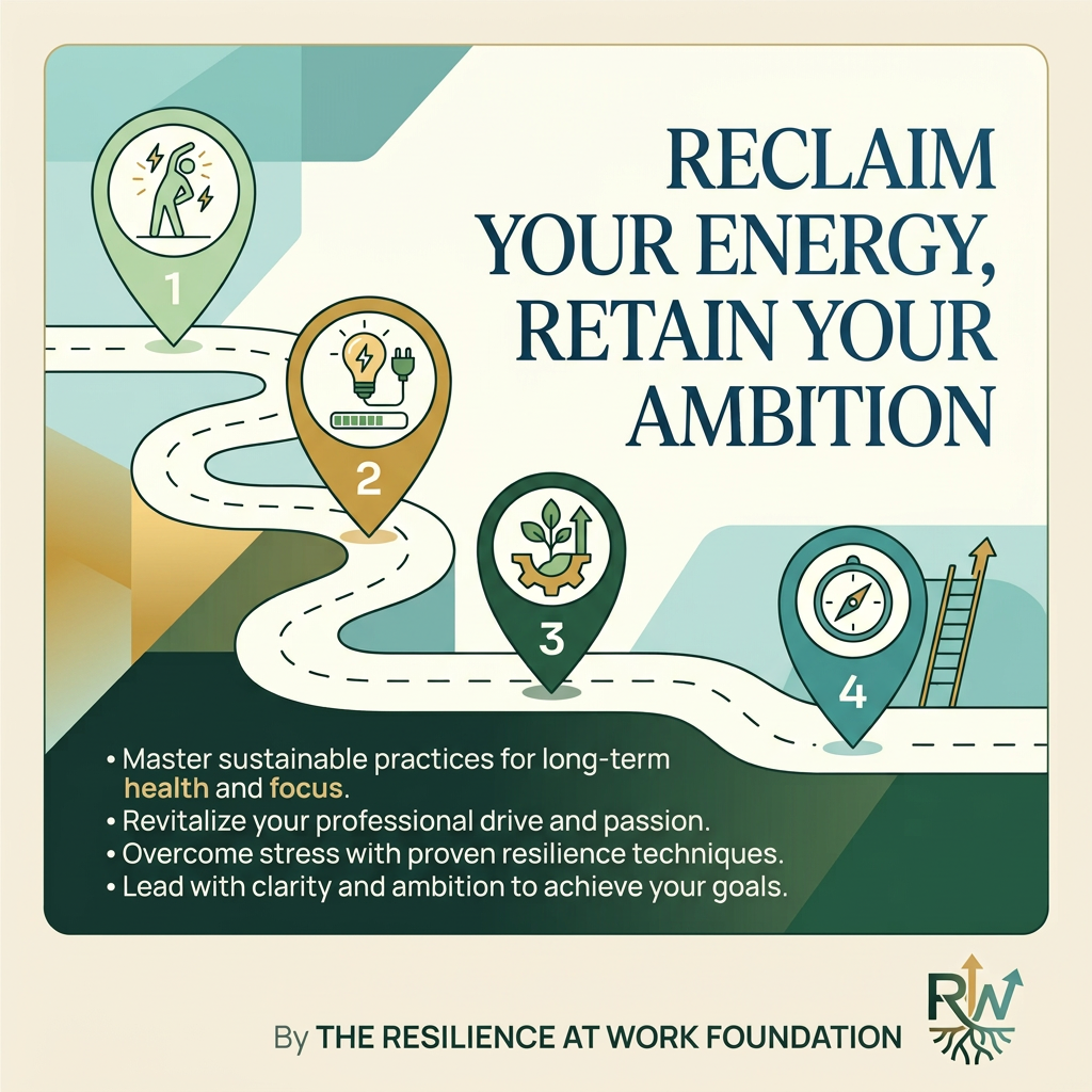 Illustrated winding road with four numbered map pins and icons, headline Reclaim Your Energy, Retain Your Ambition