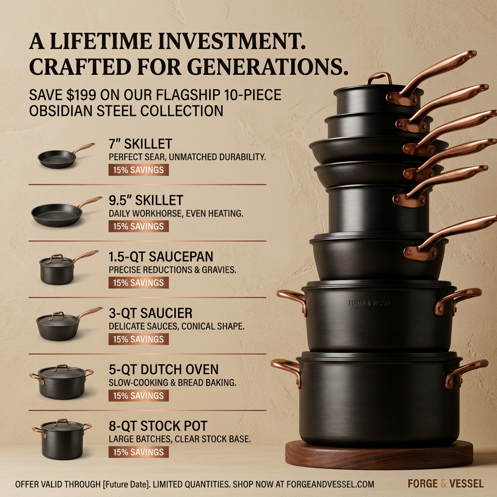 Stack of black cookware with copper handles on a walnut board next to a list of six pans with 15% savings tags