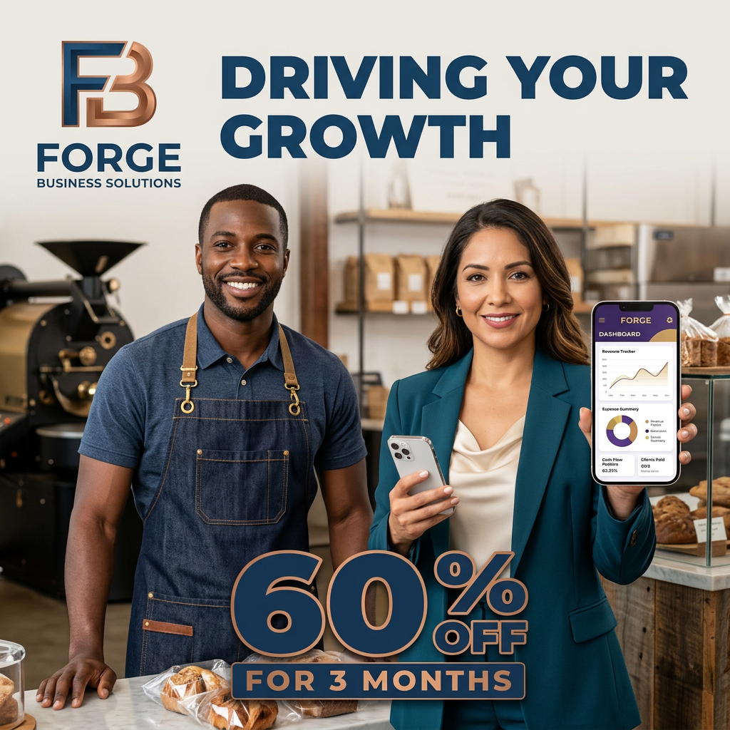 Two smiling small business owners in a bakery, one holding a phone showing a finance dashboard, with 60% off for 3 months