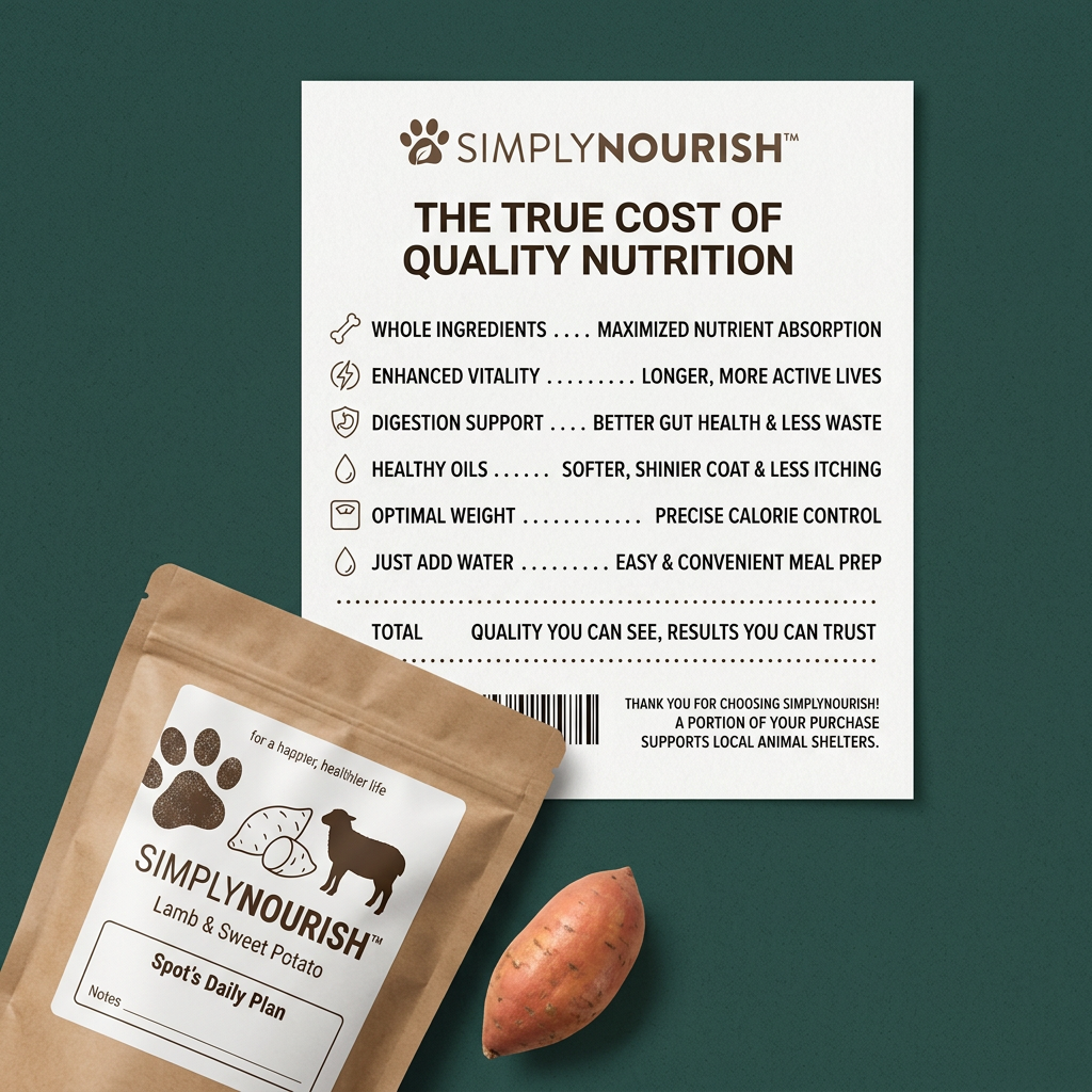 Receipt-style card listing dog food benefits beside a kraft pouch of lamb and sweet potato food on dark green
