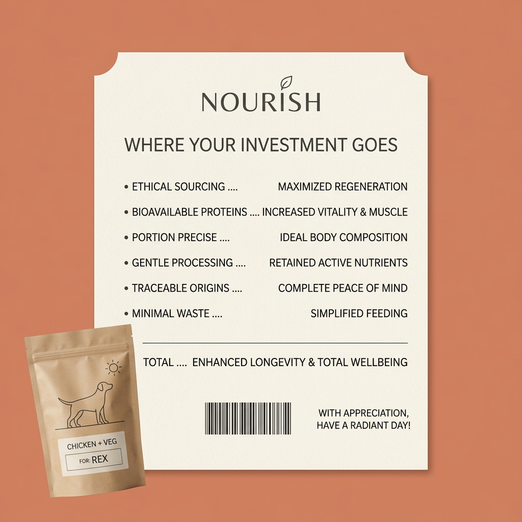 Cream receipt card listing dog food benefits on terracotta, with a kraft pouch labelled Chicken + Veg for Rex