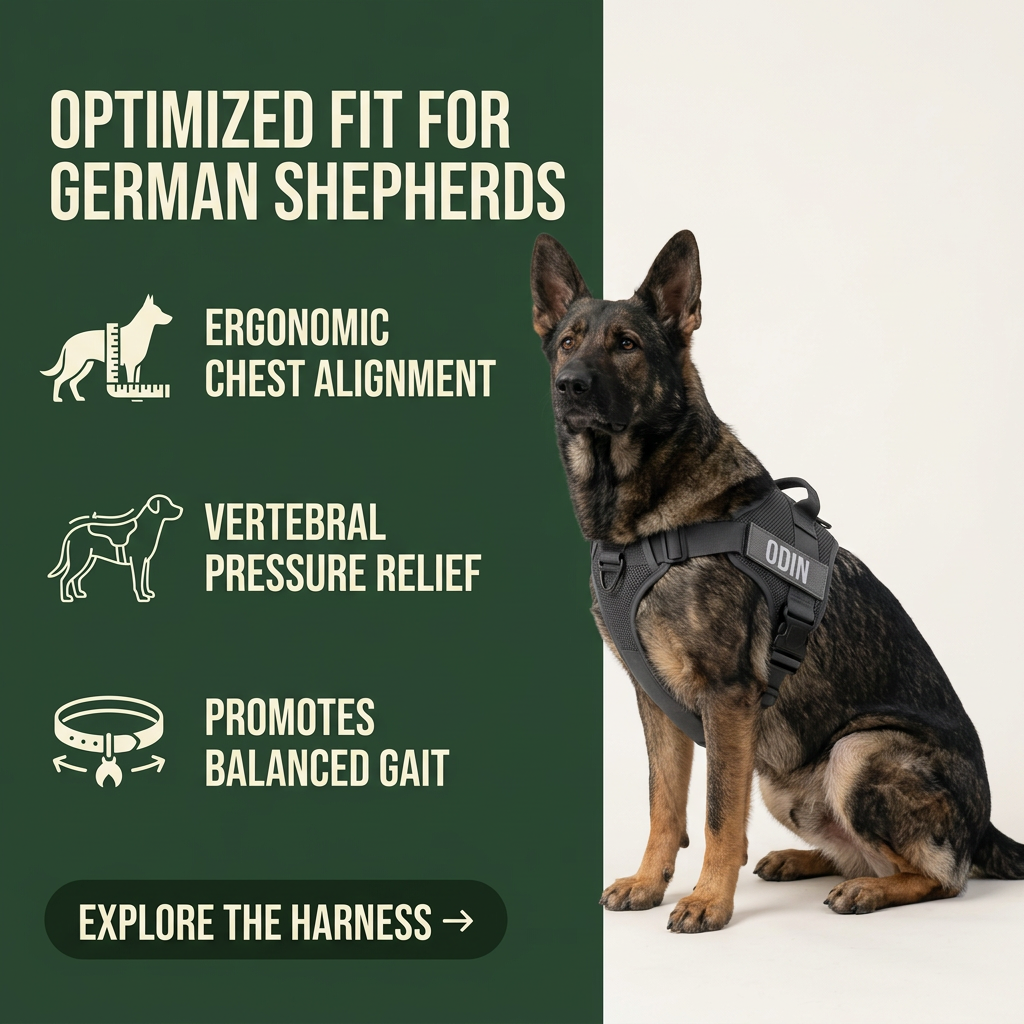 German Shepherd in a black harness with an Odin name patch, beside a green panel listing three fit benefits