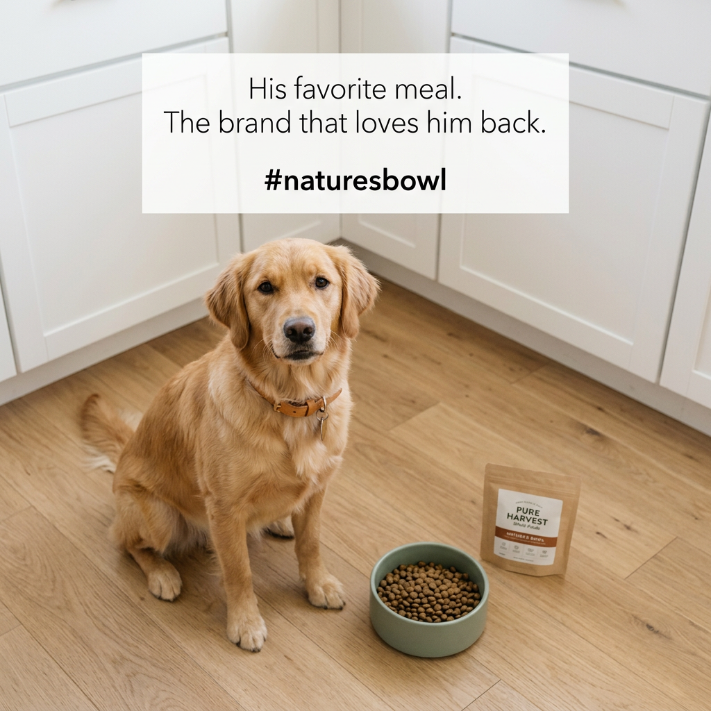 Golden retriever on a kitchen floor beside a bowl of kibble and a Pure Harvest pouch, with a caption and hashtag