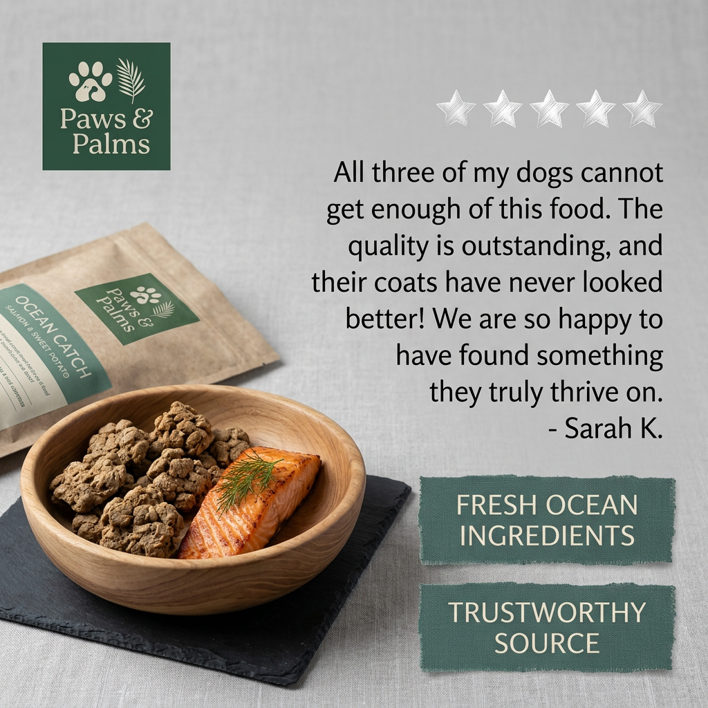 Wooden bowl of dog food clusters and grilled salmon beside a Paws & Palms pouch, with a five-star review and two green badges