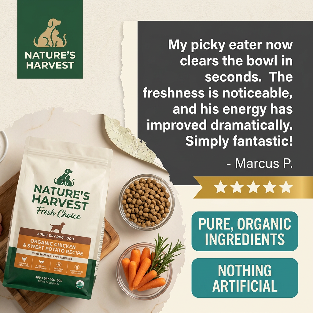 Nature's Harvest organic dog food bag with kibble and carrots, beside a five-star picky eater review and two badges