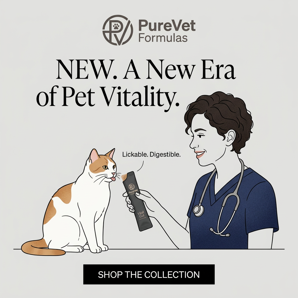 Line illustration of a vet in navy scrubs offering a PureVet sachet to a cat, under a New Era of Pet Vitality headline
