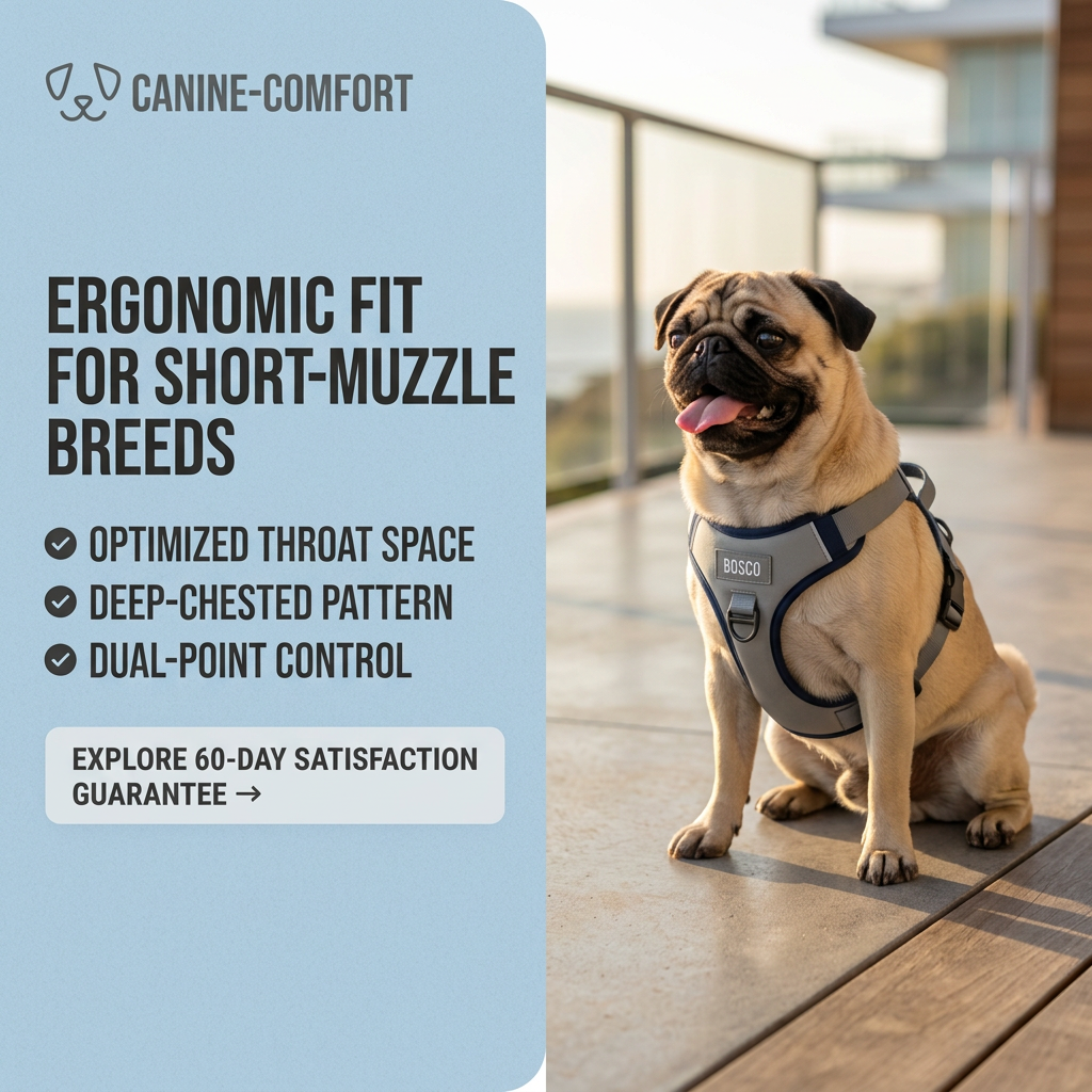 Happy pug sitting on a sunny balcony in a grey harness with a Bosco name patch, beside a light blue panel of fit benefits