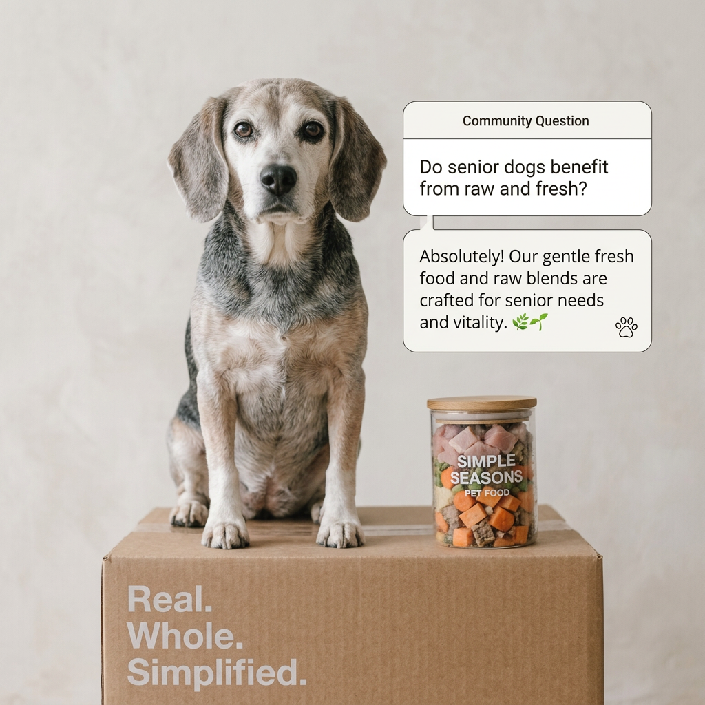 Senior beagle on a cardboard box beside a jar of fresh dog food, with chat bubbles asking about raw food for seniors