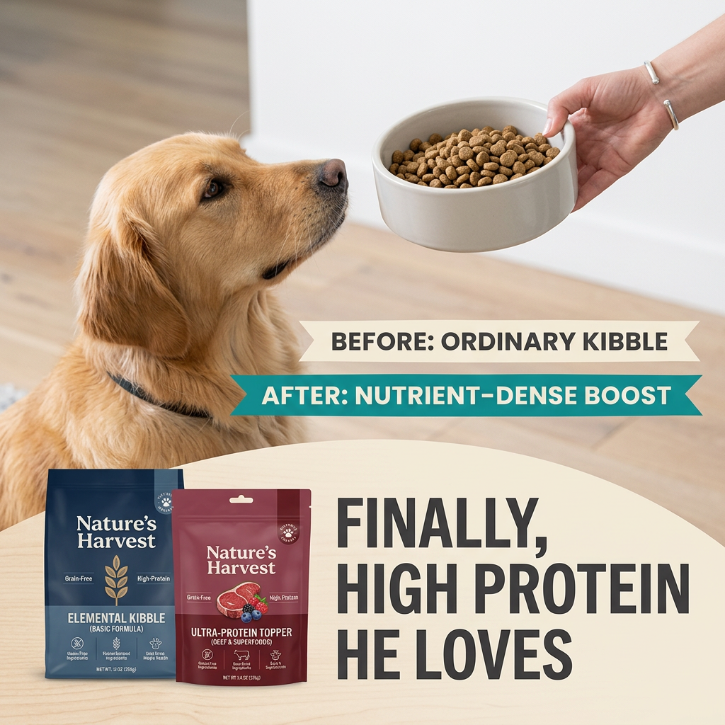 Golden retriever looking up at a bowl of kibble, with before and after banners and two Nature's Harvest bags