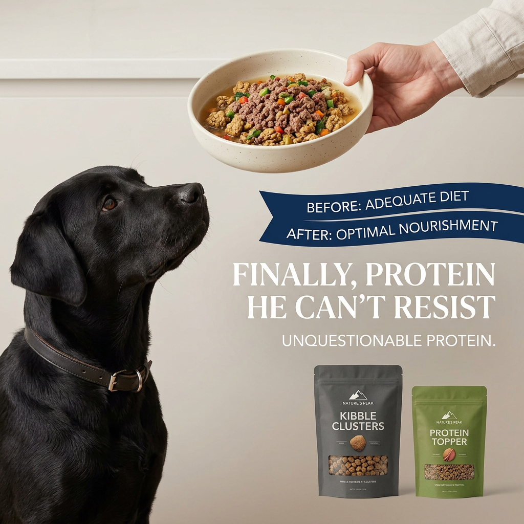 Black Labrador looking up at a bowl of meat and vegetables, with before and after ribbons and two Nature's Peak pouches
