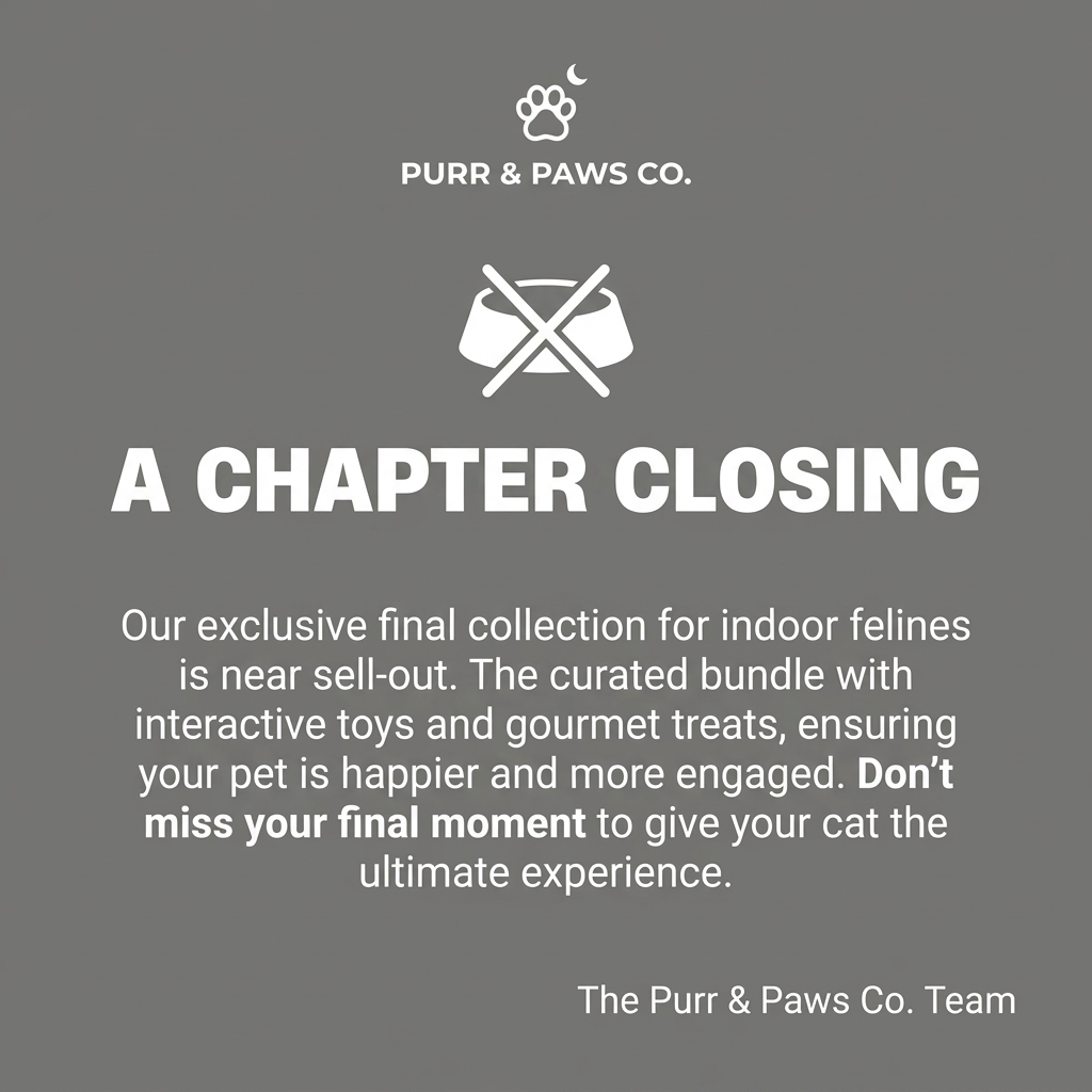Grey text-only ad with a crossed-out pet bowl icon, an A Chapter Closing headline and a short letter about a cat bundle