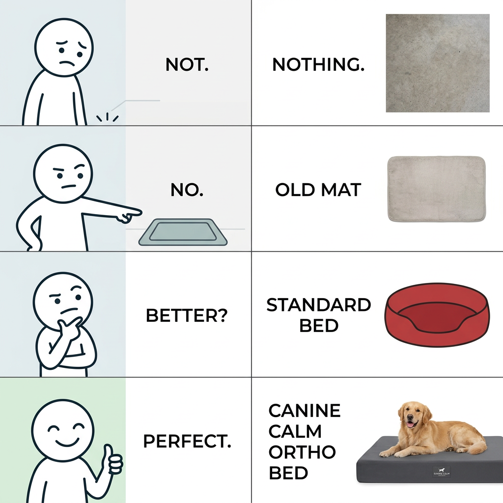 Meme grid where a stick figure rejects a bare floor, an old mat and a red bed, then approves an ortho bed with a retriever