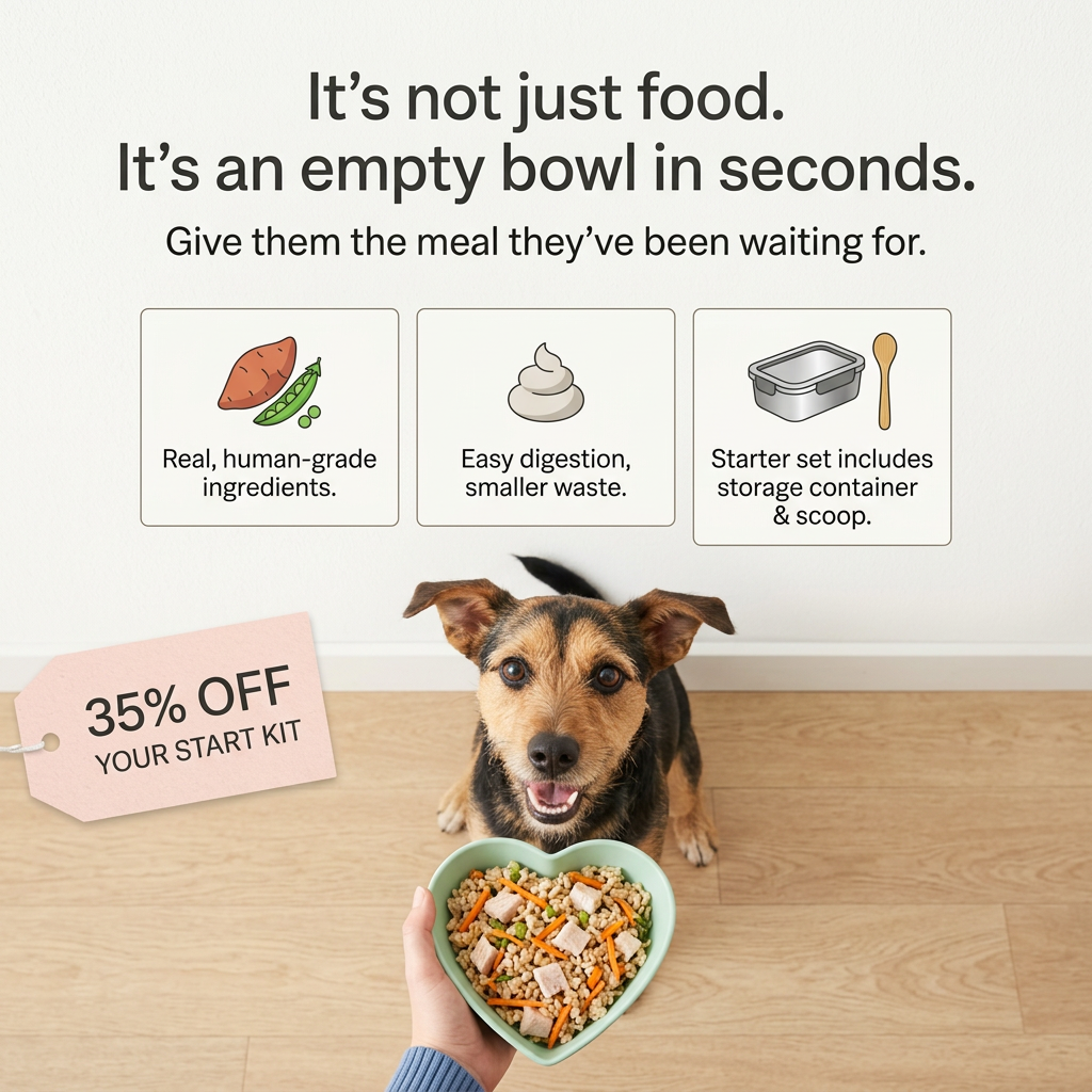 Excited mixed-breed dog looking up at a heart-shaped bowl of fresh food, with three benefit cards and a 35% off price tag