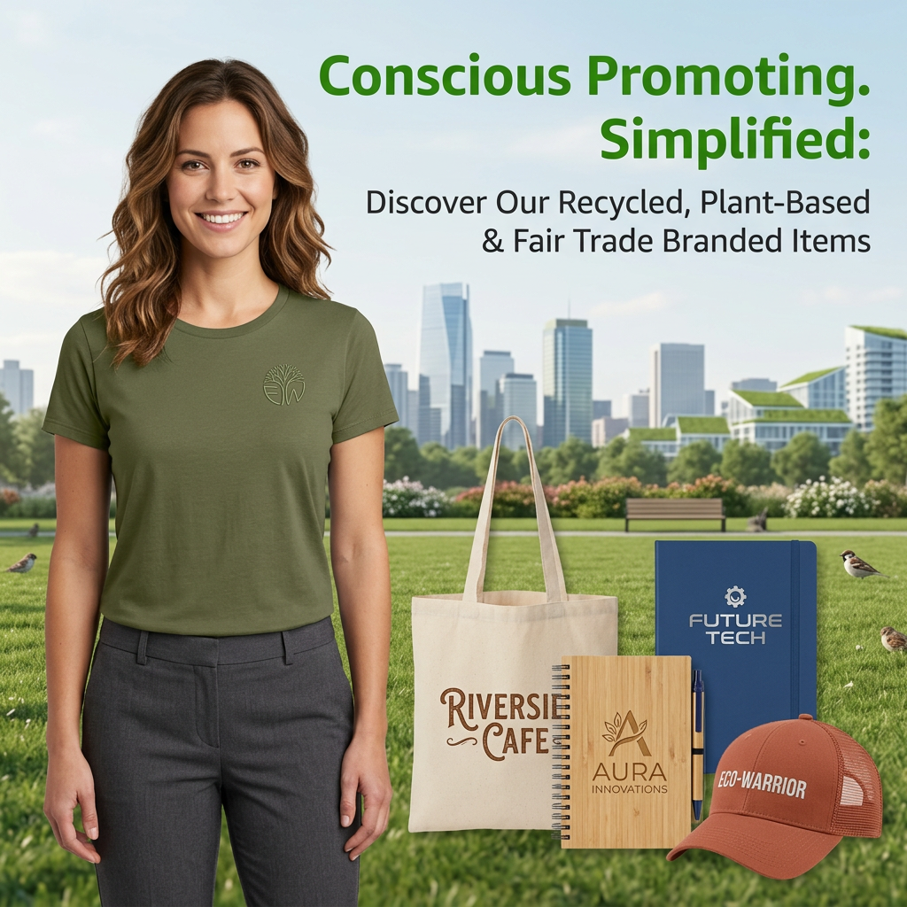 Smiling woman in a green logo tee in a city park next to a branded tote bag, bamboo notebook, blue notebook and orange cap