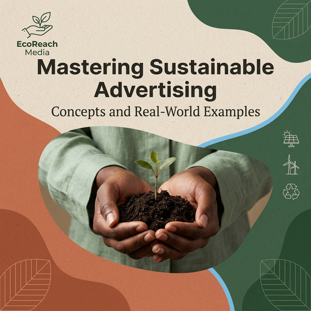 Cupped hands holding soil with a green seedling, framed by terracotta, sage and blue organic shapes and eco line icons
