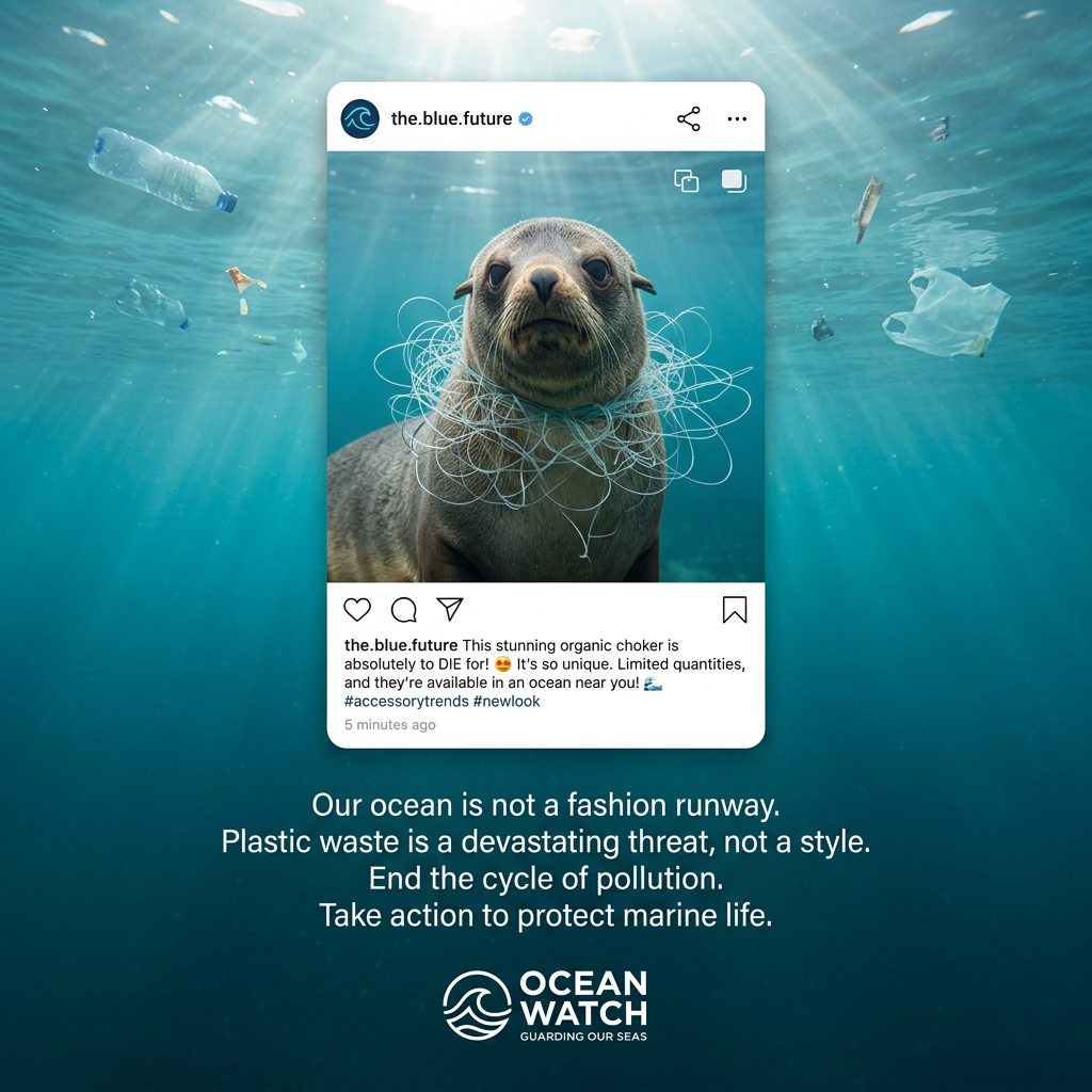 Mock Instagram post of a seal tangled in fishing net, underwater among floating plastic, with Ocean Watch logo