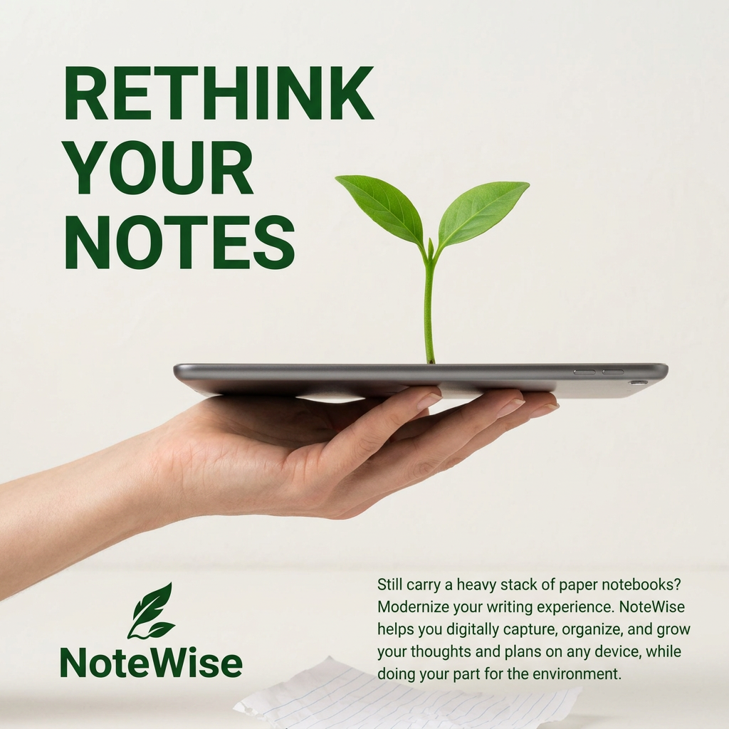 Hand holding a tablet flat with a green seedling growing from the screen, beside the headline Rethink Your Notes