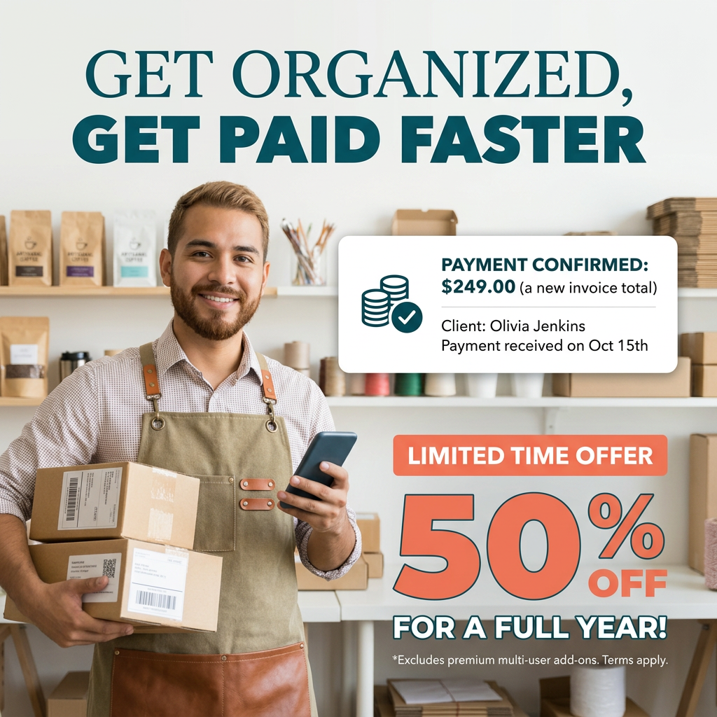 Smiling shop owner in an apron holding parcels and a phone, beside a payment confirmed card and 50% off offer