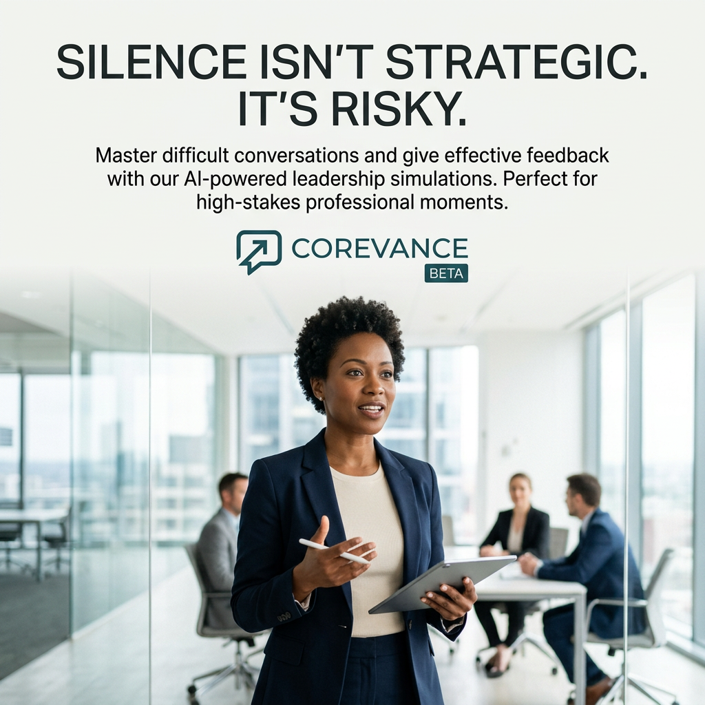 Confident businesswoman with a tablet speaking in a glass office, colleagues meeting behind, Corevance logo above