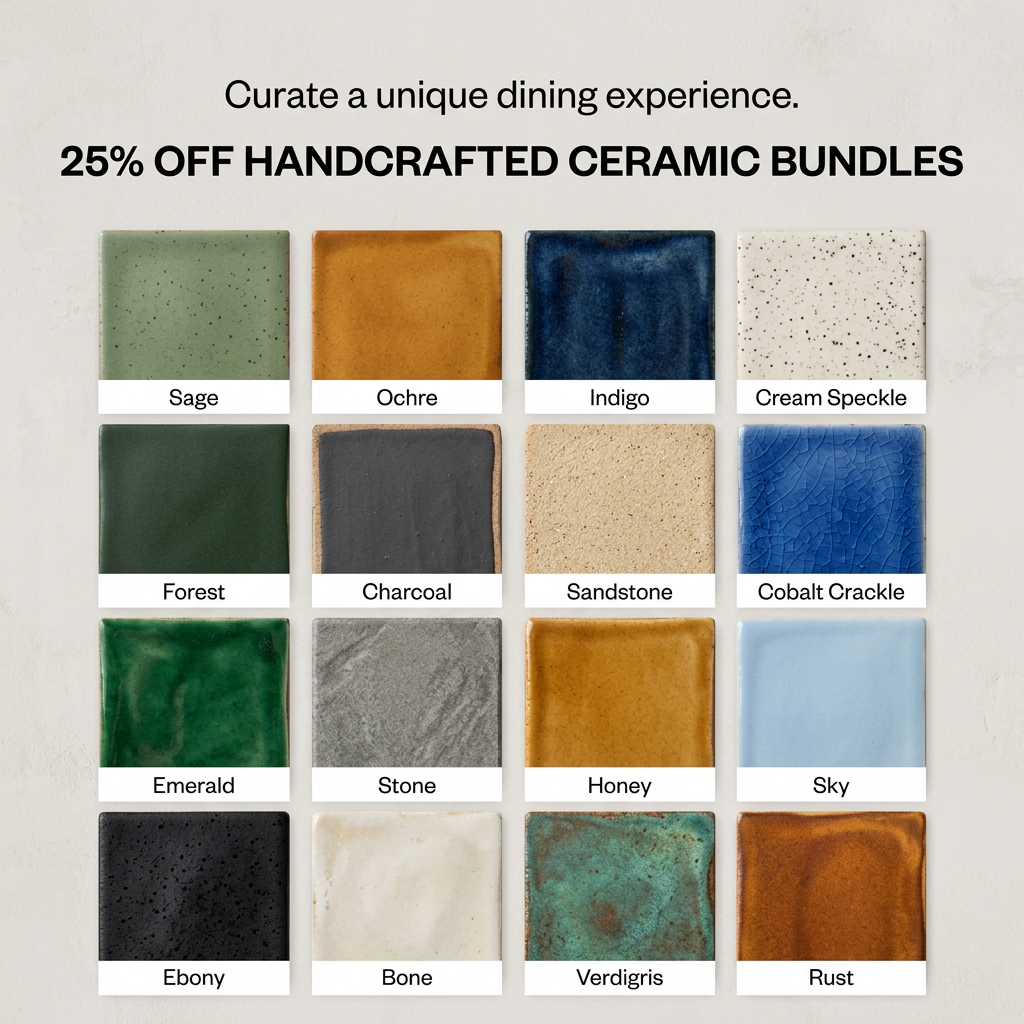 Grid of 16 glazed ceramic tiles in greens, blues, neutrals and earth tones, labelled, under a 25% off headline