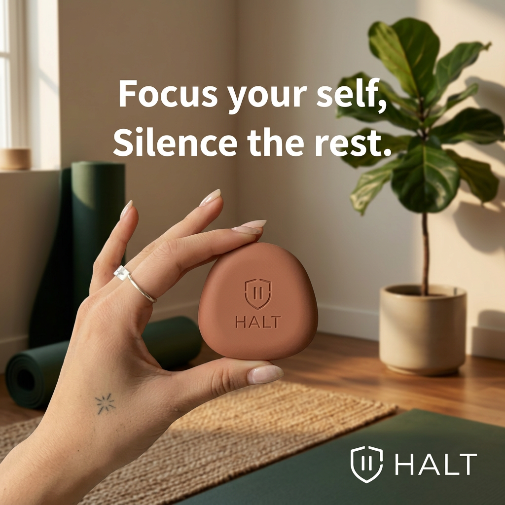 Woman's hand holding a smooth terracotta pebble-shaped HALT device in a sunlit room with yoga mats and a fiddle leaf fig
