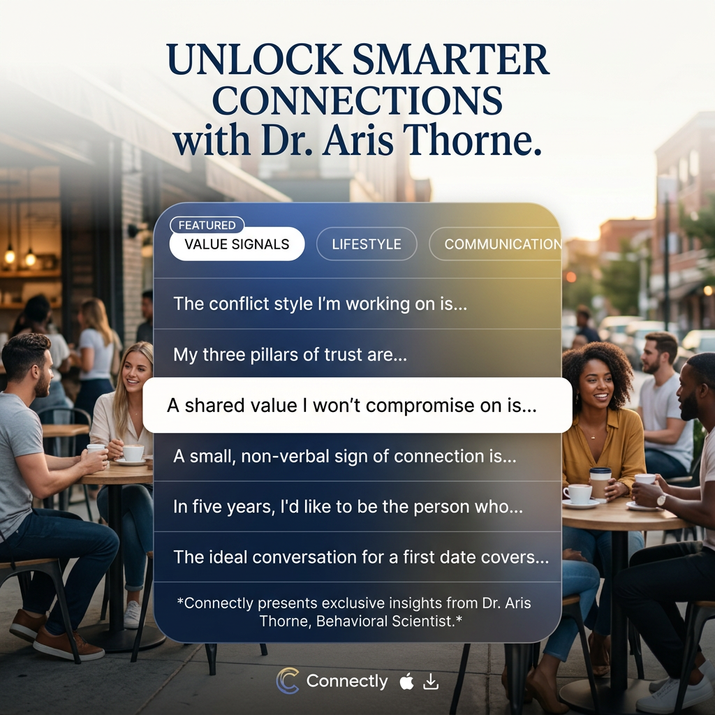 Glass-style app panel listing dating prompts over a blurred outdoor café with couples talking