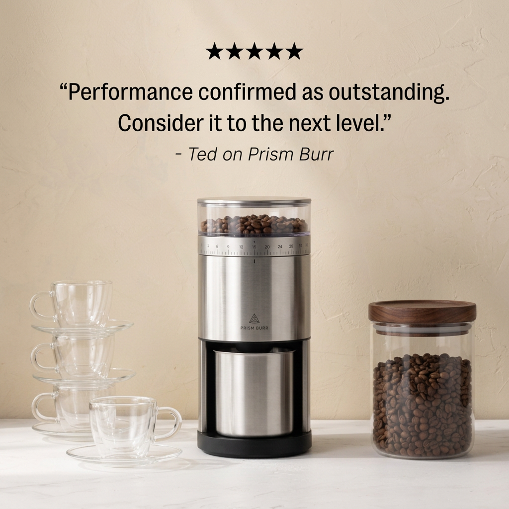 Stainless steel Prism Burr coffee grinder full of beans beside glass cups and a bean jar, under a five-star review